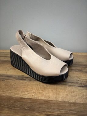 Lonza Black Sand Leather Slingback Platform Wedge Sandals Beige Women’s NEW